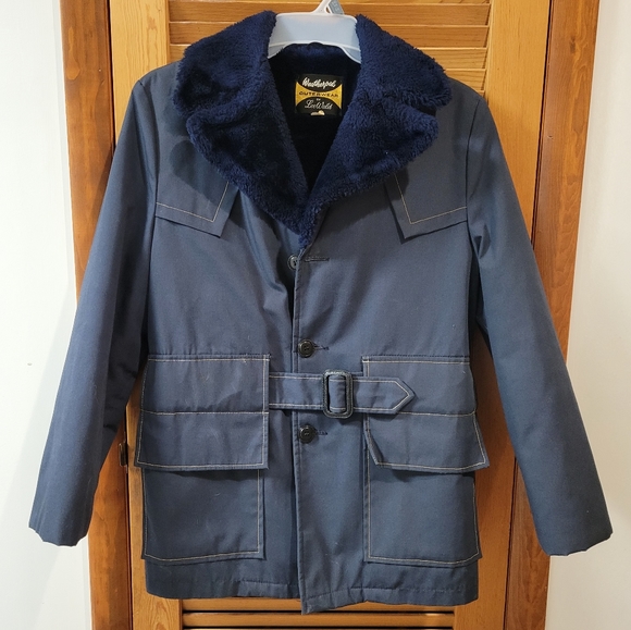 Vintage Lee Wald Coat Belted Faux Fur Lined Blue Weatherpal Winter Jacket 38 / L - Picture 1 of 7